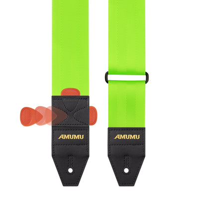 AMUMU Premium Lime Green Guitar Strap with Full Grain Leather, Quick-Fetch Pick Holder & Heavy-Duty Buckles